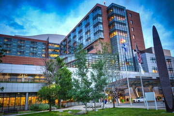 picture of children's hospital with bright blue sky and vibrant colors