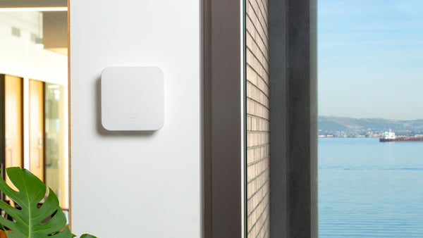 Cisco Meraki connector mounted on a building next to an ocean.