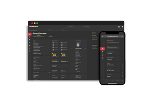 Dark-themed software interface on a tablet and smartphone