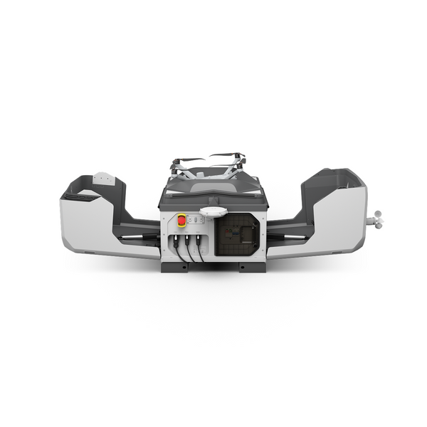 Mechanical device with a central component and two side wings on a white background