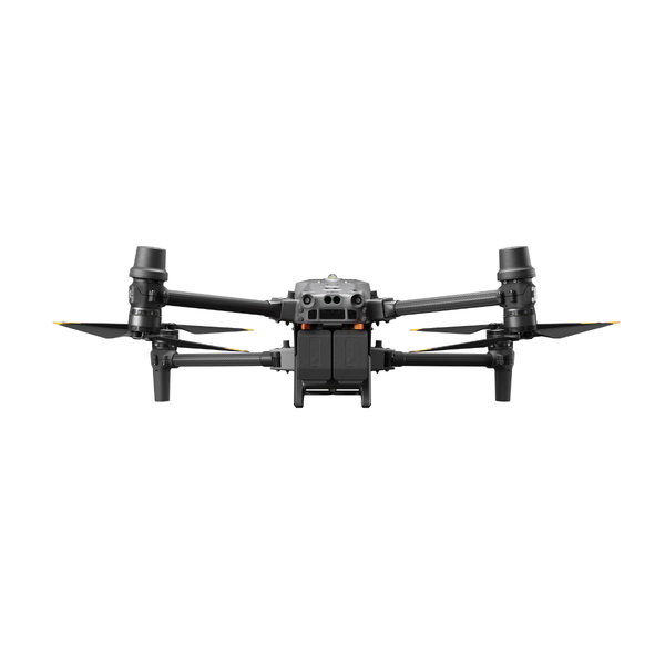 Black drone with propellers on a white background