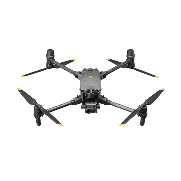 Black drone with yellow propellers on a white background