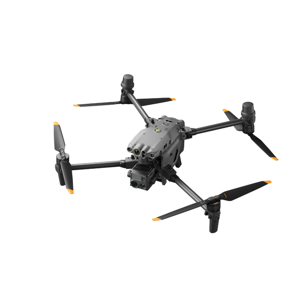Black and gray drone with four propellers on a white background