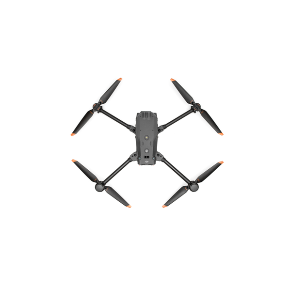 Black drone with four propellers on a white background