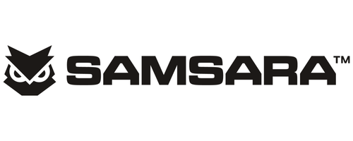 Samsara brand logo in black, featuring a stylized owl head icon and the wordmark 'SAMSARA' with a small TM symbol, on a plain white background.