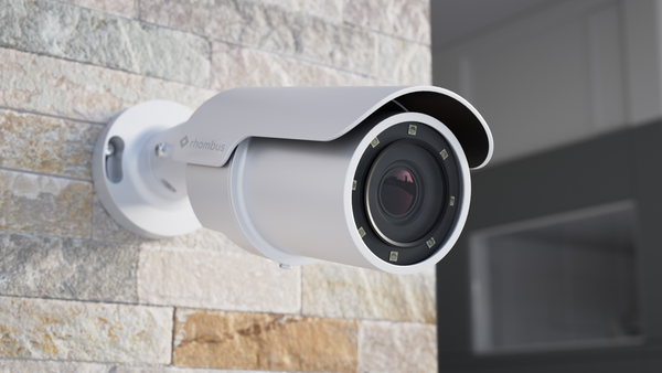 Rhombus R500 Bullet Camera Mounted on a wall.
