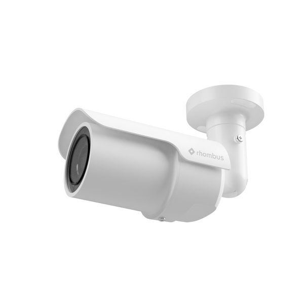 Flipped up view of a Rhombus R500 Bullet Camera on a white background.